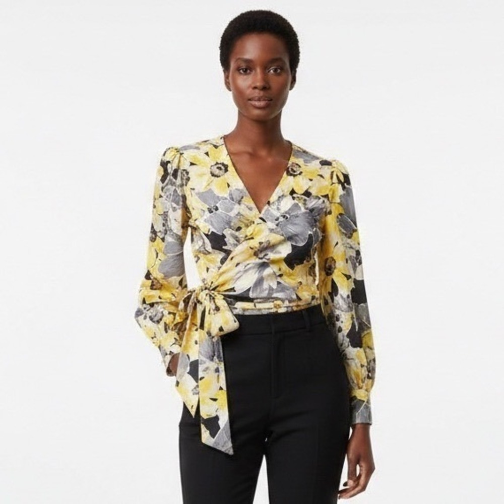 Ann Taylor Loft Womens Wrap Floral Blouse Top Size M Yellow Gray Work